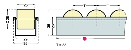 hofe Normalröllchenleiste, passend für Tiefe 1200 mm. Leiste aus verzinktem Stahlblech, Röllchen (gelb) aus thermoplastischem Kunststoff (PP).