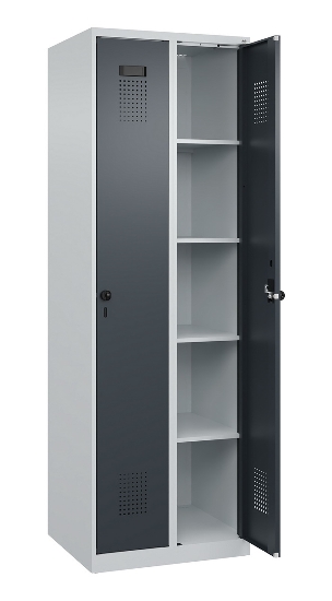 C+P Wäsche-Spind Evolo PLUS 049020-22B mit Sockel 2 Abt.je 400mm Drehriegel (HxBxT) 1950x800x500mm 7035/3000
