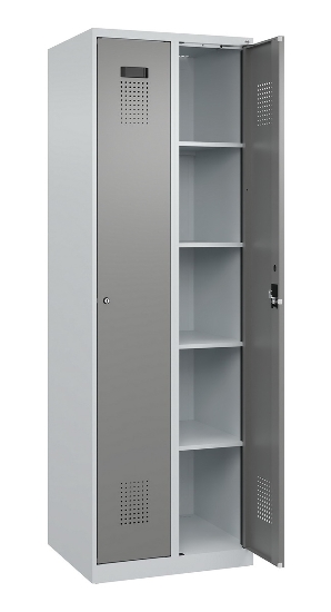 C+P Wäsche-Spind Evolo PLUS 049020-22B mit Sockel 2 Abt.je 400mm Drehriegel (HxBxT) 1950x800x500mm 7035/3000