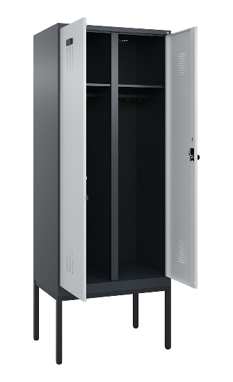 C+P Schwarz-Weiß-Spind Evolo PLUS 0490327-40 mit Gestell 4 Abt.je 300mm Drehriegel (HxBxT) 2120x1200x815mm 7035/0010