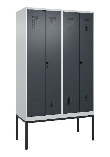 C+P Schwarz-Weiß-Spind Evolo PLUS 0490327-40 mit Gestell 4 Abt.je 300mm Drehriegel (HxBxT) 2120x1200x815mm 7035/0010