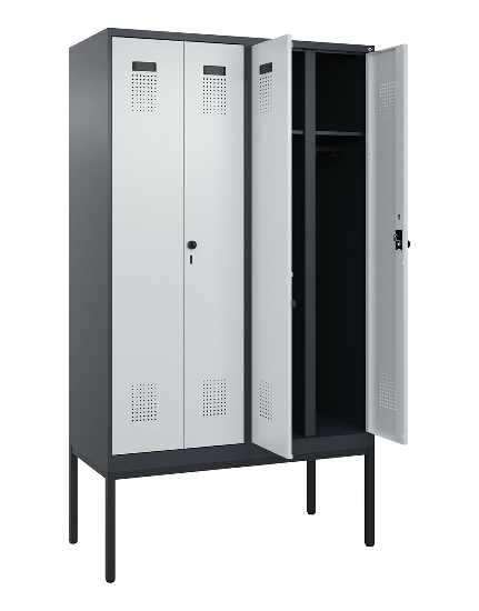 C+P Schwarz-Weiß-Spind Evolo PLUS 0490327-40 mit Gestell 4 Abt.je 300mm Drehriegel (HxBxT) 2120x1200x815mm 7035/0010