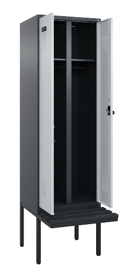 C+P Schwarz-Weiß-Spind Evolo PLUS 0490427-20 schw.Bank 2 Abt.je 300mm Drehriegel (HxBxT) 2120x600x815mm 7035/3003