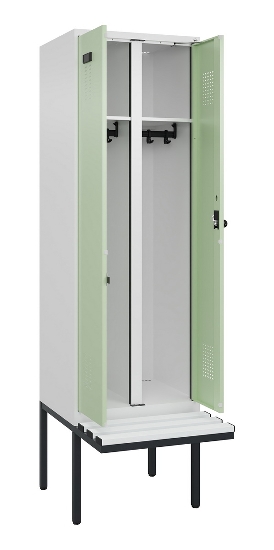 C+P Schwarz-Weiß-Spind Evolo PLUS 0490427-20 schw.Bank 2 Abt.je 300mm Drehriegel (HxBxT) 2120x600x815mm 7035/3003