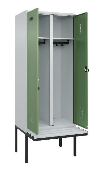 C+P Schwarz-Weiß-Spind Evolo PLUS 0490427-20 schw.Bank 2 Abt.je 300mm Drehriegel (HxBxT) 2120x600x815mm 7035/3003