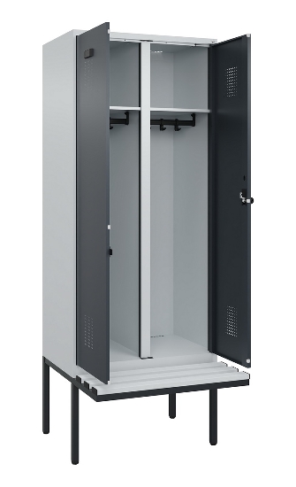 C+P Schwarz-Weiß-Spind Evolo PLUS 0490427-20 schw.Bank 2 Abt.je 300mm Drehriegel (HxBxT) 2120x600x815mm 7035/3003