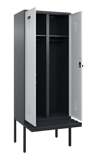 C+P Schwarz-Weiß-Spind Evolo PLUS 0490427-20 schw.Bank 2 Abt.je 300mm Drehriegel (HxBxT) 2120x600x815mm 7035/3003