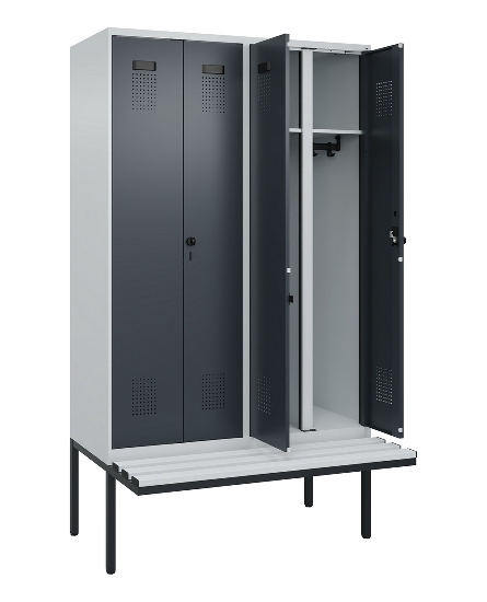 C+P Schwarz-Weiß-Spind Evolo PLUS 0490427-20 schw.Bank 2 Abt.je 300mm Drehriegel (HxBxT) 2120x600x815mm 7035/3003