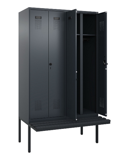 C+P Schwarz-Weiß-Spind Evolo PLUS 0490427-20 schw.Bank 2 Abt.je 300mm Drehriegel (HxBxT) 2120x600x815mm 7035/3003
