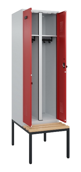 C+P Schwarz-Weiß-Spind Evolo PLUS 0490527-40 mit Bank 4 Abt.je 300mm Drehriegel (HxBxT) 2120x1200x815mm 7035/3000