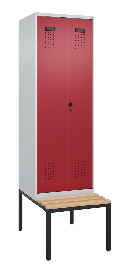 C+P Schwarz-Weiß-Spind Evolo PLUS 0490527-40 mit Bank 4 Abt.je 300mm Drehriegel (HxBxT) 2120x1200x815mm 7035/3000