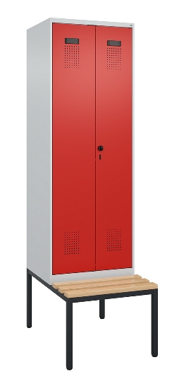 C+P Schwarz-Weiß-Spind Evolo PLUS 0490527-40 mit Bank 4 Abt.je 300mm Drehriegel (HxBxT) 2120x1200x815mm 7035/3000