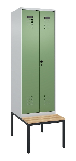 C+P Schwarz-Weiß-Spind Evolo PLUS 0490527-40 mit Bank 4 Abt.je 300mm Drehriegel (HxBxT) 2120x1200x815mm 7035/3000