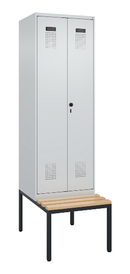 C+P Schwarz-Weiß-Spind Evolo PLUS 0490527-40 mit Bank 4 Abt.je 300mm Drehriegel (HxBxT) 2120x1200x815mm 7035/3000