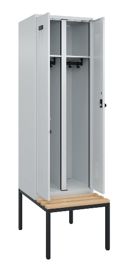 C+P Schwarz-Weiß-Spind Evolo PLUS 0490527-40 mit Bank 4 Abt.je 300mm Drehriegel (HxBxT) 2120x1200x815mm 7035/3000