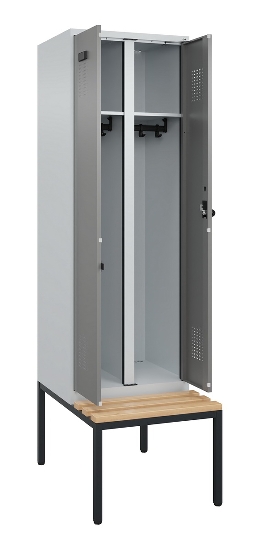C+P Schwarz-Weiß-Spind Evolo PLUS 0490527-40 mit Bank 4 Abt.je 300mm Drehriegel (HxBxT) 2120x1200x815mm 7035/3000