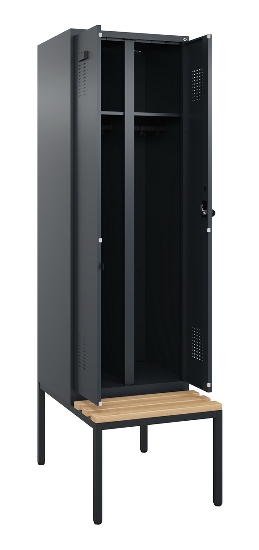 C+P Schwarz-Weiß-Spind Evolo PLUS 0490527-40 mit Bank 4 Abt.je 300mm Drehriegel (HxBxT) 2120x1200x815mm 7035/3000