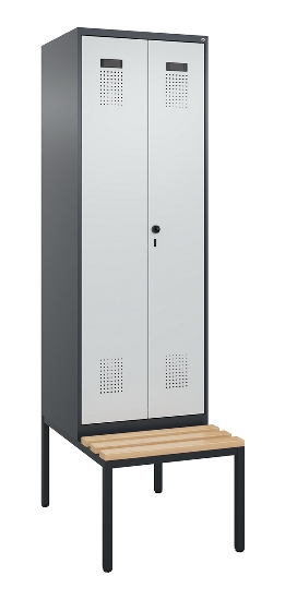 C+P Schwarz-Weiß-Spind Evolo PLUS 0490527-40 mit Bank 4 Abt.je 300mm Drehriegel (HxBxT) 2120x1200x815mm 7035/3000