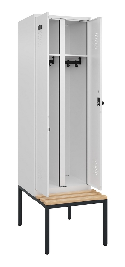 C+P Schwarz-Weiß-Spind Evolo PLUS 0490527-40 mit Bank 4 Abt.je 300mm Drehriegel (HxBxT) 2120x1200x815mm 7035/3000