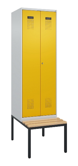 C+P Schwarz-Weiß-Spind Evolo PLUS 0490527-40 mit Bank 4 Abt.je 300mm Drehriegel (HxBxT) 2120x1200x815mm 7035/3000