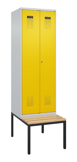 C+P Schwarz-Weiß-Spind Evolo PLUS 0490527-40 mit Bank 4 Abt.je 300mm Drehriegel (HxBxT) 2120x1200x815mm 7035/3000