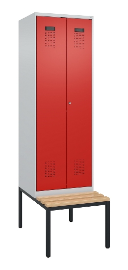 C+P Schwarz-Weiß-Spind Evolo PLUS 0490527-40 mit Bank 4 Abt.je 300mm Drehriegel (HxBxT) 2120x1200x815mm 7035/3000