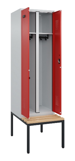C+P Schwarz-Weiß-Spind Evolo PLUS 0490527-40 mit Bank 4 Abt.je 300mm Drehriegel (HxBxT) 2120x1200x815mm 7035/3000