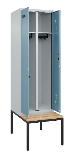 C+P Schwarz-Weiß-Spind Evolo PLUS 0490527-40 mit Bank 4 Abt.je 300mm Drehriegel (HxBxT) 2120x1200x815mm 7035/3000