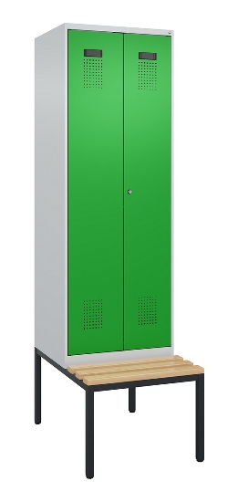 C+P Schwarz-Weiß-Spind Evolo PLUS 0490527-40 mit Bank 4 Abt.je 300mm Drehriegel (HxBxT) 2120x1200x815mm 7035/3000