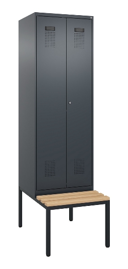 C+P Schwarz-Weiß-Spind Evolo PLUS 0490527-40 mit Bank 4 Abt.je 300mm Drehriegel (HxBxT) 2120x1200x815mm 7035/3000