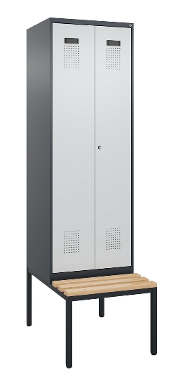 C+P Schwarz-Weiß-Spind Evolo PLUS 0490527-40 mit Bank 4 Abt.je 300mm Drehriegel (HxBxT) 2120x1200x815mm 7035/3000