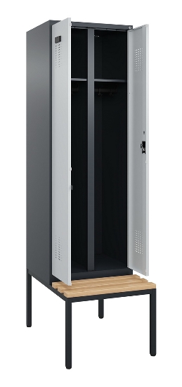 C+P Schwarz-Weiß-Spind Evolo PLUS 0490527-40 mit Bank 4 Abt.je 300mm Drehriegel (HxBxT) 2120x1200x815mm 7035/3000