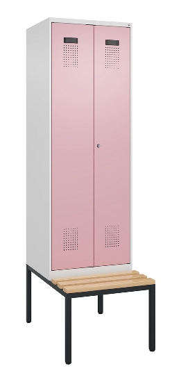 C+P Schwarz-Weiß-Spind Evolo PLUS 0490527-40 mit Bank 4 Abt.je 300mm Drehriegel (HxBxT) 2120x1200x815mm 7035/3000