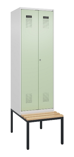 C+P Schwarz-Weiß-Spind Evolo PLUS 0490527-40 mit Bank 4 Abt.je 300mm Drehriegel (HxBxT) 2120x1200x815mm 7035/3000