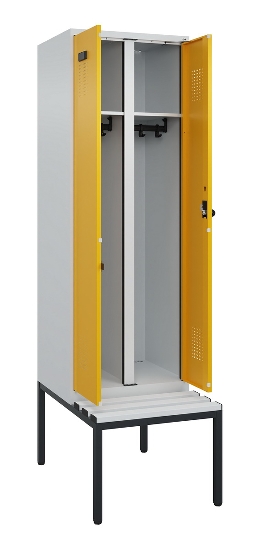 C+P Schwarz-Weiß-Spind Evolo PLUS 0490527-22 mit Bank 2 Abt.je 400mm Zylinder (HxBxT) 2120x800x815mm 9016/6019
