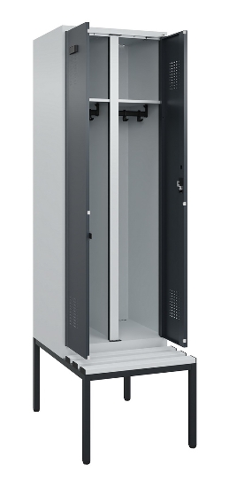 C+P Schwarz-Weiß-Spind Evolo PLUS 0490527-22 mit Bank 2 Abt.je 400mm Zylinder (HxBxT) 2120x800x815mm 9016/6019