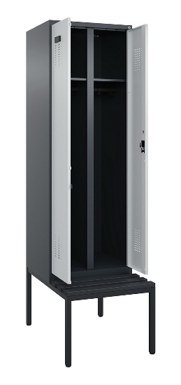 C+P Schwarz-Weiß-Spind Evolo PLUS 0490527-22 mit Bank 2 Abt.je 400mm Zylinder (HxBxT) 2120x800x815mm 9016/6019