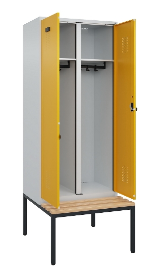 C+P Schwarz-Weiß-Spind Evolo PLUS 0490527-40 mit Bank 4 Abt.je 300mm Drehriegel (HxBxT) 2120x1200x815mm 7035/3000