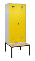 C+P Schwarz-Weiß-Spind Evolo PLUS 0490527-40 mit Bank 4 Abt.je 300mm Drehriegel (HxBxT) 2120x1200x815mm 7035/3000