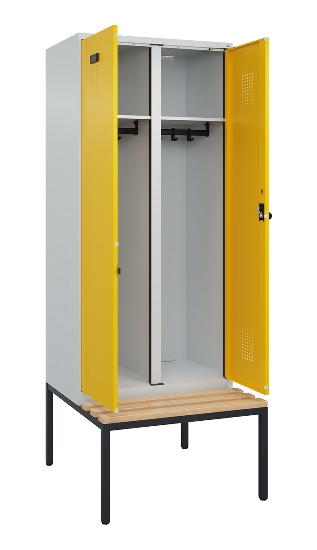 C+P Schwarz-Weiß-Spind Evolo PLUS 0490527-40 mit Bank 4 Abt.je 300mm Drehriegel (HxBxT) 2120x1200x815mm 7035/3000