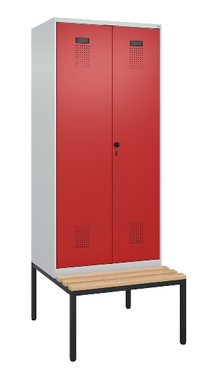 C+P Schwarz-Weiß-Spind Evolo PLUS 0490527-40 mit Bank 4 Abt.je 300mm Drehriegel (HxBxT) 2120x1200x815mm 7035/3000