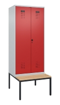 C+P Schwarz-Weiß-Spind Evolo PLUS 0490527-40 mit Bank 4 Abt.je 300mm Drehriegel (HxBxT) 2120x1200x815mm 7035/3000
