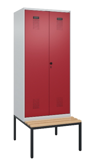 C+P Schwarz-Weiß-Spind Evolo PLUS 0490527-40 mit Bank 4 Abt.je 300mm Drehriegel (HxBxT) 2120x1200x815mm 7035/3000