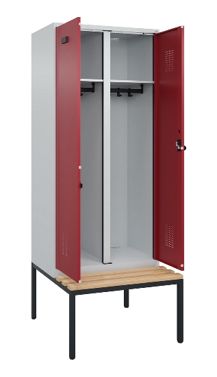 C+P Schwarz-Weiß-Spind Evolo PLUS 0490527-40 mit Bank 4 Abt.je 300mm Drehriegel (HxBxT) 2120x1200x815mm 7035/3000