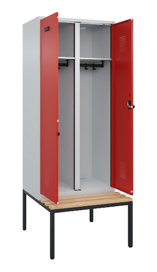 C+P Schwarz-Weiß-Spind Evolo PLUS 0490527-40 mit Bank 4 Abt.je 300mm Drehriegel (HxBxT) 2120x1200x815mm 7035/3000