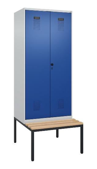 C+P Schwarz-Weiß-Spind Evolo PLUS 0490527-40 mit Bank 4 Abt.je 300mm Drehriegel (HxBxT) 2120x1200x815mm 7035/3000