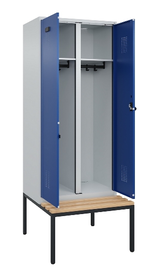 C+P Schwarz-Weiß-Spind Evolo PLUS 0490527-40 mit Bank 4 Abt.je 300mm Drehriegel (HxBxT) 2120x1200x815mm 7035/3000