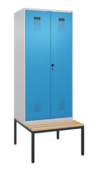 C+P Schwarz-Weiß-Spind Evolo PLUS 0490527-40 mit Bank 4 Abt.je 300mm Drehriegel (HxBxT) 2120x1200x815mm 7035/3000
