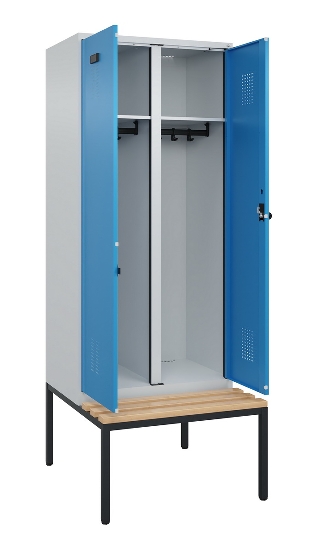 C+P Schwarz-Weiß-Spind Evolo PLUS 0490527-40 mit Bank 4 Abt.je 300mm Drehriegel (HxBxT) 2120x1200x815mm 7035/3000