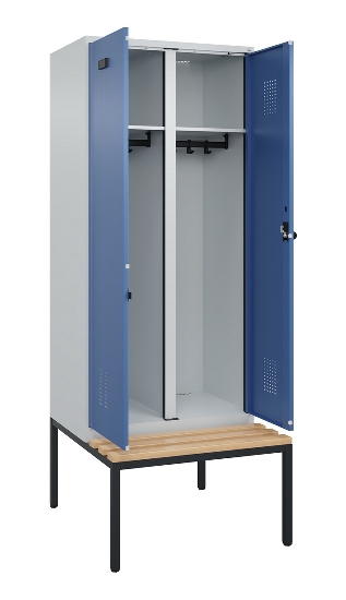 C+P Schwarz-Weiß-Spind Evolo PLUS 0490527-40 mit Bank 4 Abt.je 300mm Drehriegel (HxBxT) 2120x1200x815mm 7035/3000